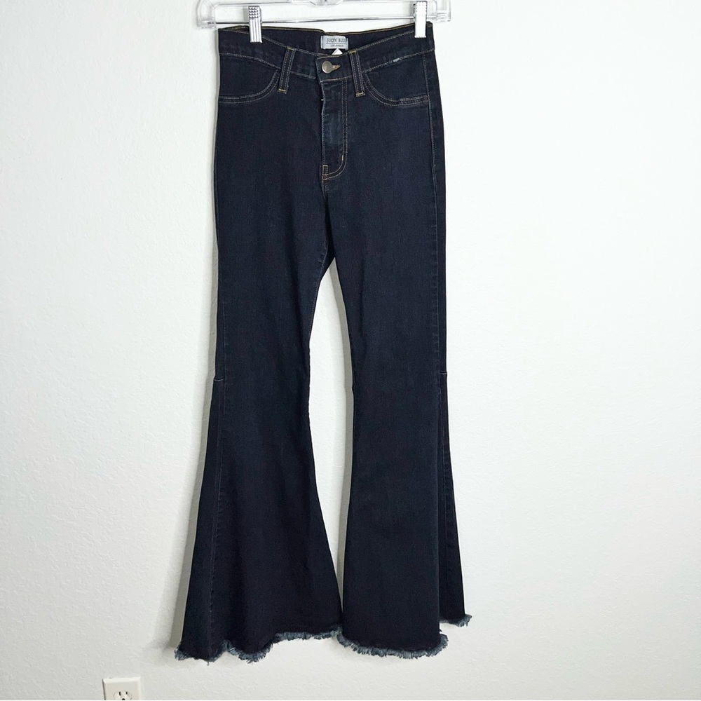 Judy Blue Flare Jeans Women Size 26 3 Bell Bottom Dark Wash Raw Hem Stretch B